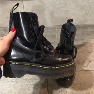 Dr. Martens Shiny Black Combat Boots with Yellow Stitching